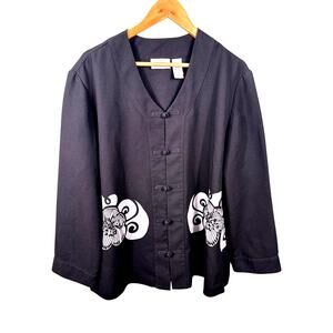 Liz Claiborne Blazer Jacket Women's Large Black Floral Print VNeck Pankou Button